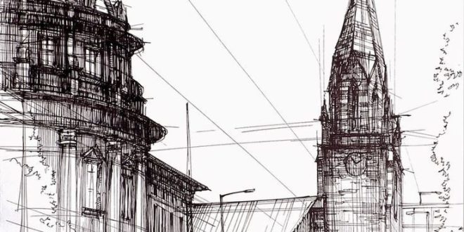 Architectural drawings of historic buildings, mostly in and around