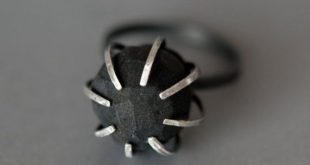 Contemporary silver ring. Black polymer clay stone in the silver "cage". Statement r ...