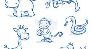 Vector: Cute comic jungle, safari animals. Hippopotamus, tiger, giraffe, monkey, snake ...