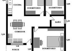 Plan of prefabricated house with 3 bedrooms with measures in meters