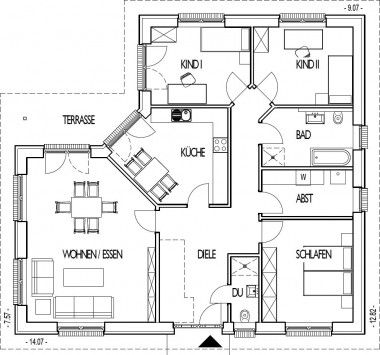 Angular bungalow floor plan with 128.05 m² of living space