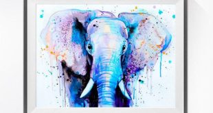 Blue elephant head watercolor painting by Slaveika