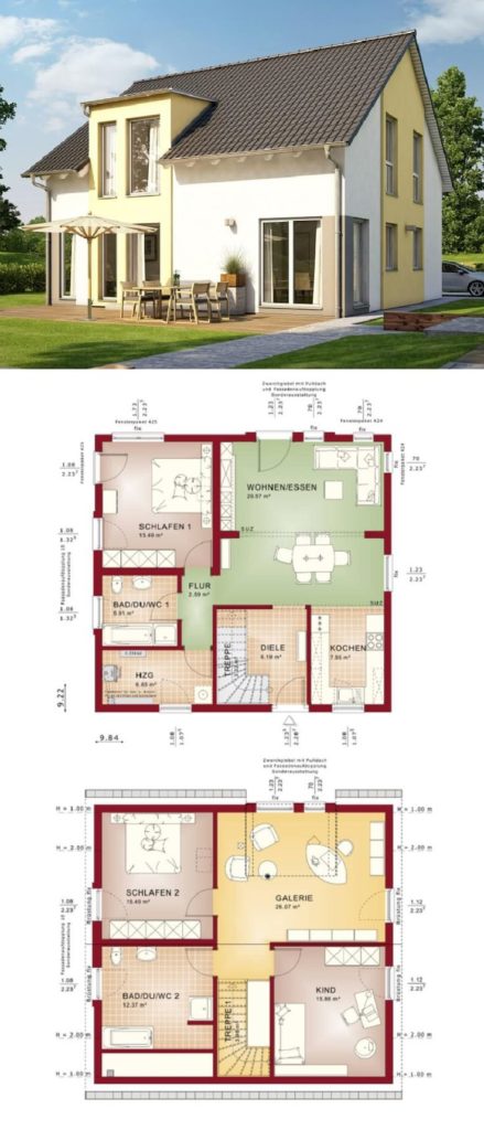 Detached house with gallery and sloping roof - Floor plan of the prefabricated house Solution 151 ...