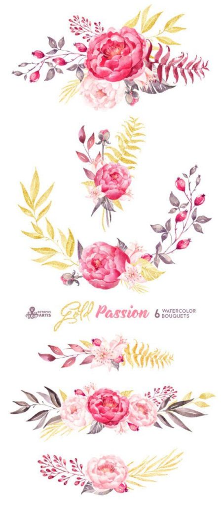 Gold passion 6 hand painted watercolor flower bouquets clip art