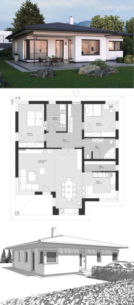 Modern Contemporary Bungalow European Style Architecture Design House Plan ELK B ...
