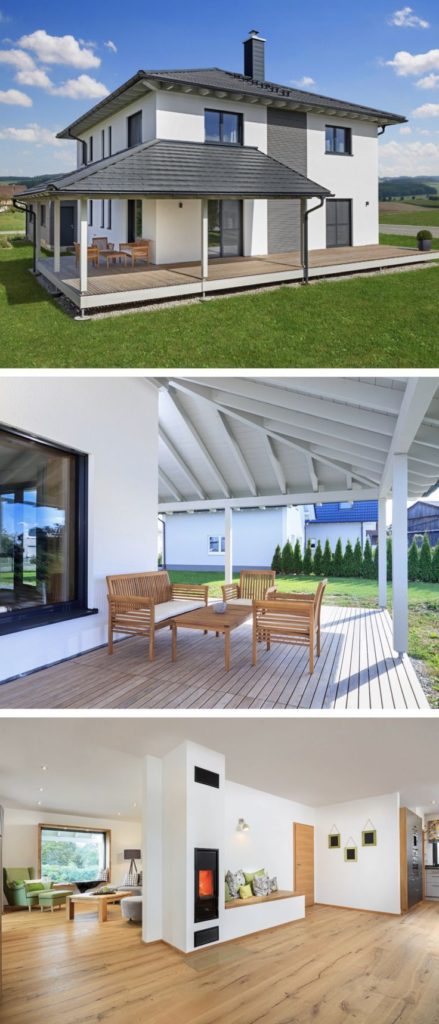 Modern city villa with carp roof architecture and wooden terrace, interior design with ...