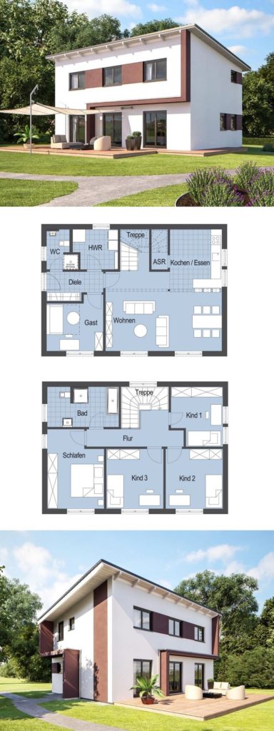 Modern house with pent roof architecture and terrace - plan of the prefabricated town ...