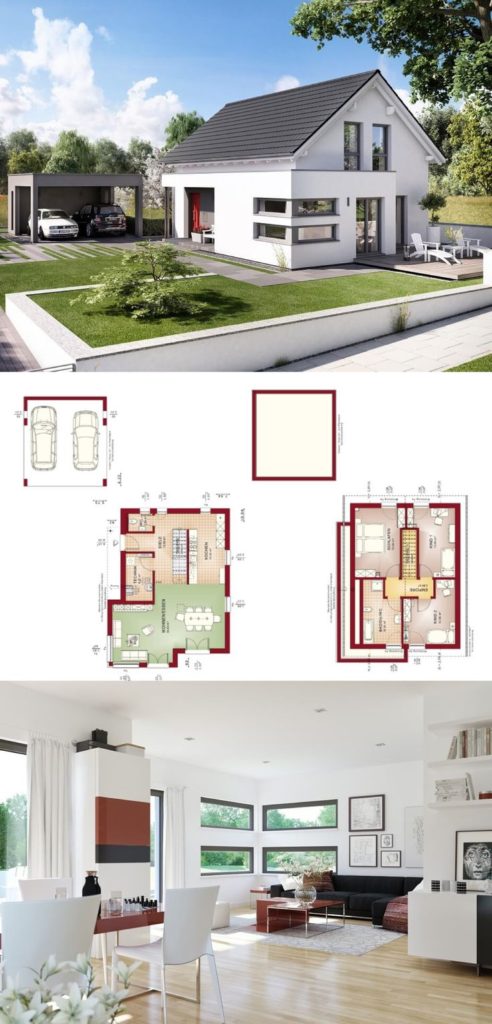 Modern prefabricated house - floor plan with garage and open living-dining area - Haus E ...