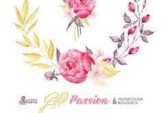 Passion gold 6 Watercolor hand bouquets painted by OctopusArtis