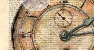 Printing: clock face "Time", mixed media drawing on the dictionary page with problems.