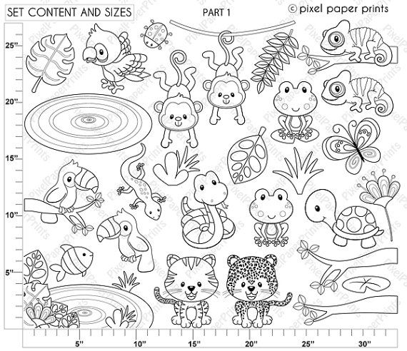 Rainforest Animals Digital Stamp Clipart by pixelpaperprints - Dwg Drawing  Download