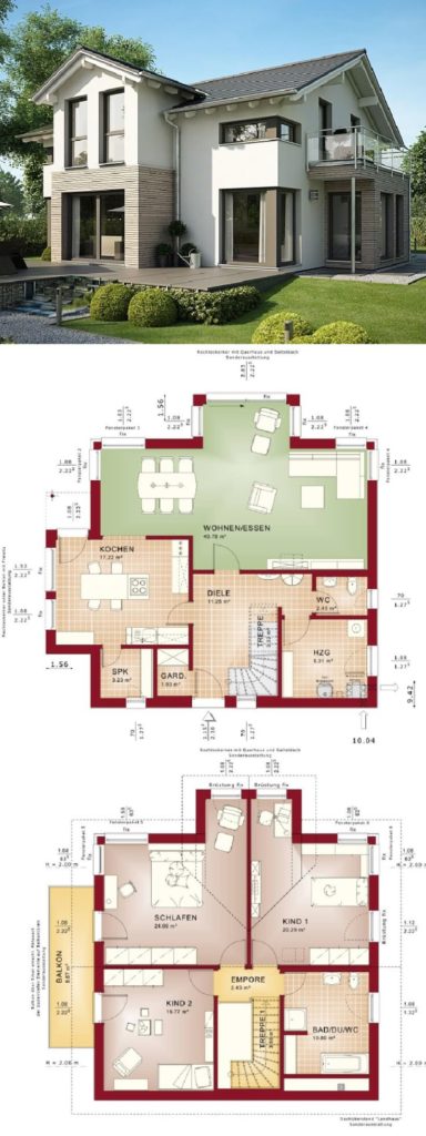 Roof saddle, modern house with facade of pediment and wood / plaster - Detached house ...