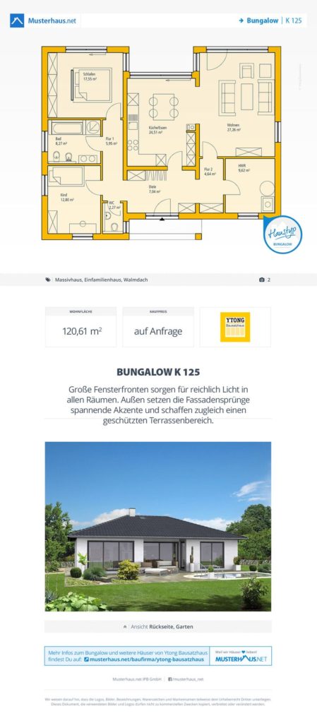 Bungalow ground floor, 121 m², open kitchen.