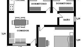 Plan of prefabricated house with 3 bedrooms with measures in meters