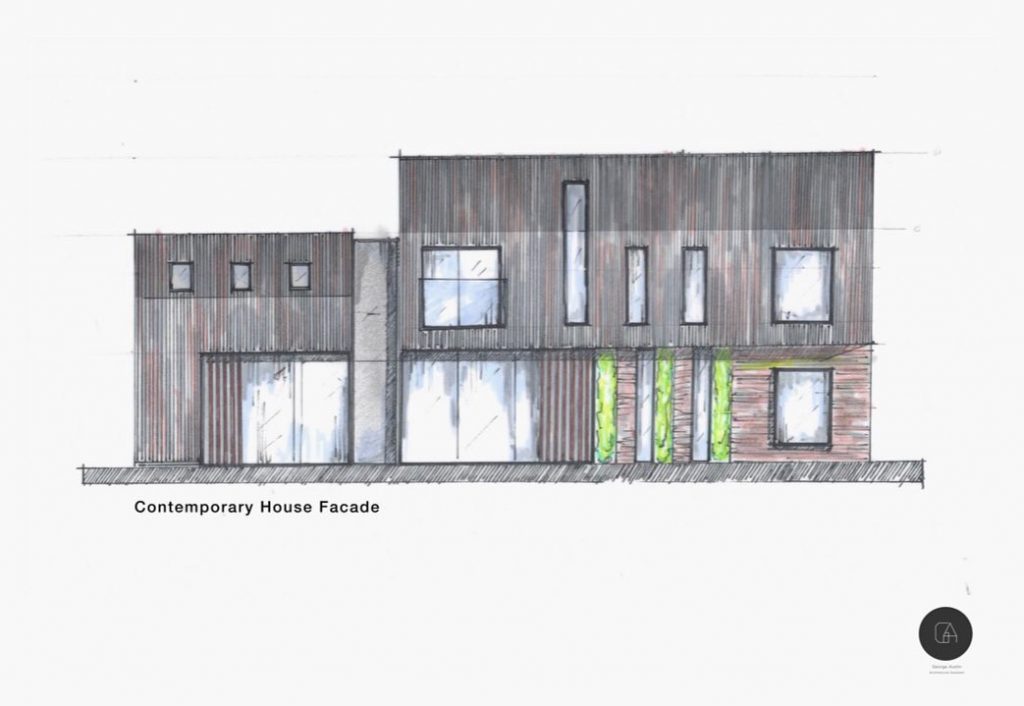 A big house, clad in weathered cedars