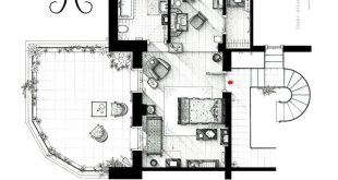 Floor plan of Joe Bradley's apartment from the movie ROMAN HOLIDAY.
