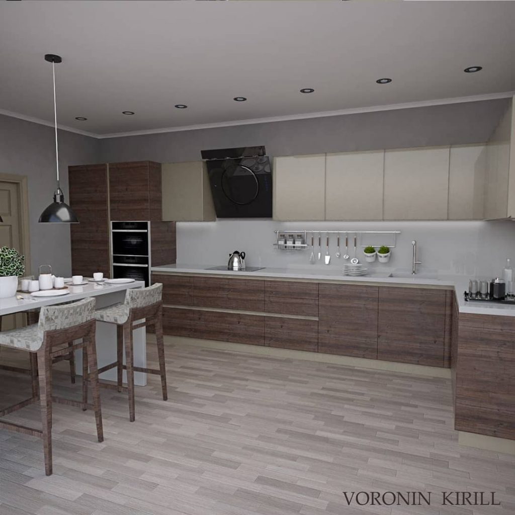 Visualization of the kitchen in loft style of 25 sqm
The project was completed for a young man. M