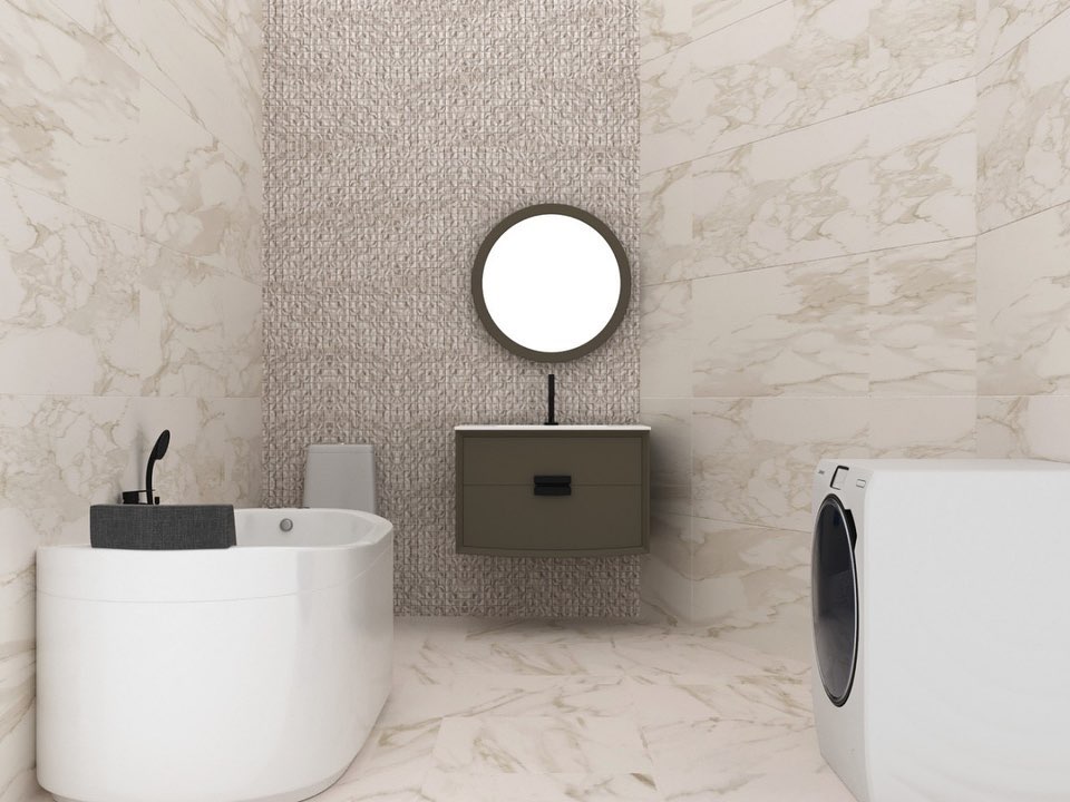 The bathroom.
Beige and