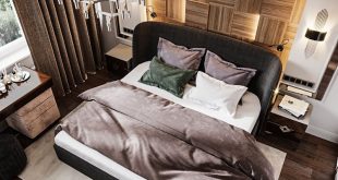 The contrast of dark and light colors and wood in the elegant bedroom.

Studio