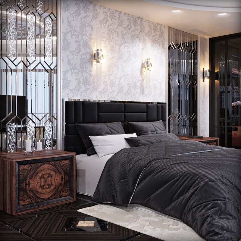 The eclecticism of the bedroom is underlined by a mix of luxurious styles - Art Deco and Neoclassical