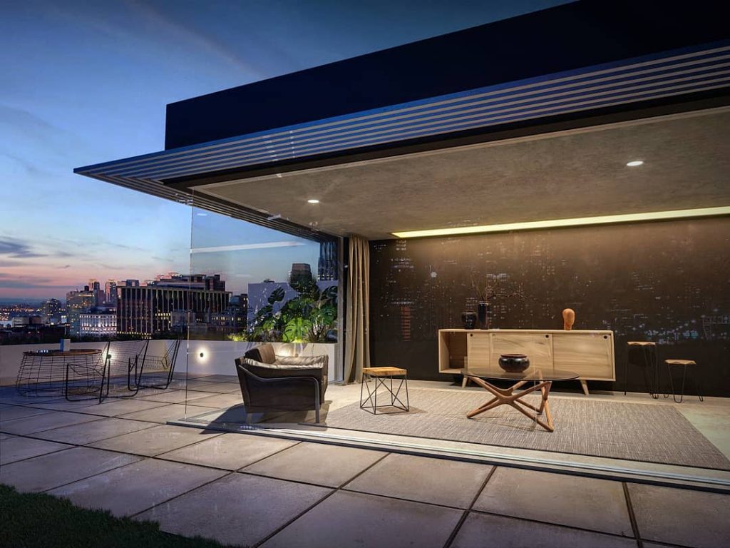 Self-designed city penthouse apartment (roof terrace). Modeled and rendered in Maya