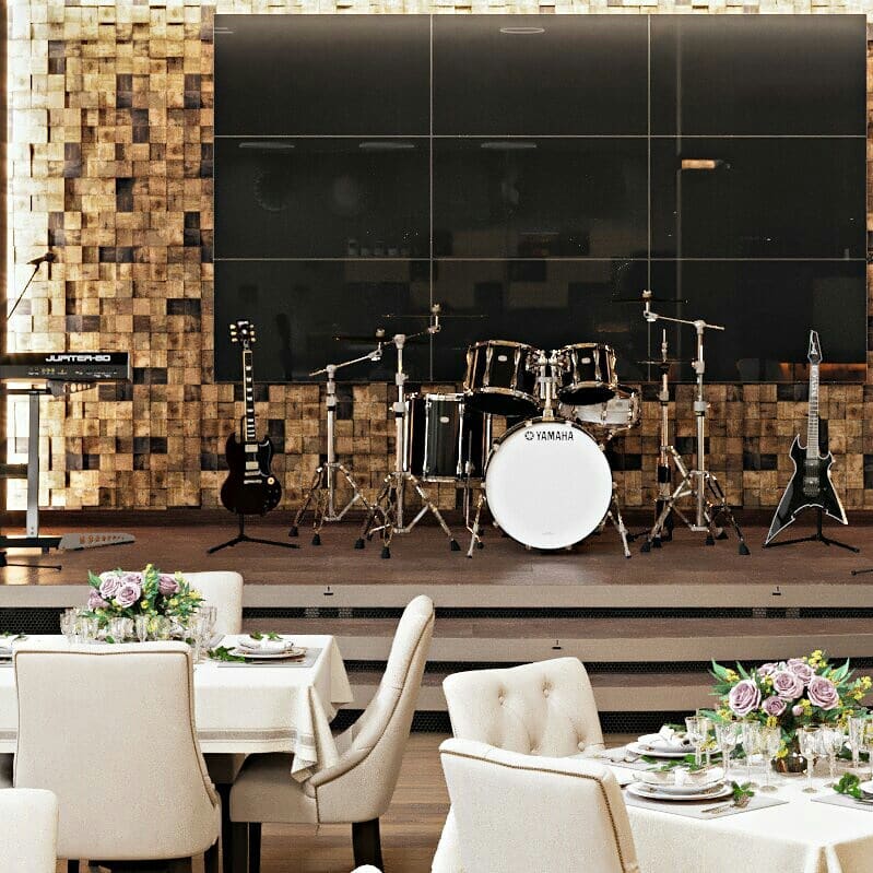 Visualization of the central hall of the restaurant "Fish". Studio, designer Anna Poleva