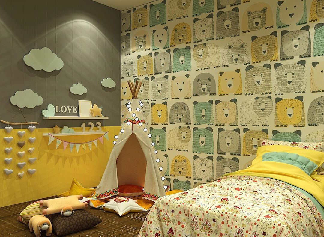 Children's bedroom with yellow color , , Design & Render of - Dwg ...
