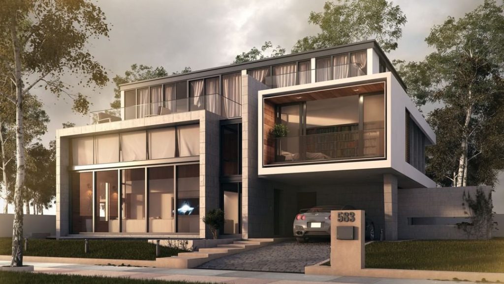 Modern millionaire residence. Roof terrace, large floor-to-ceiling glazing