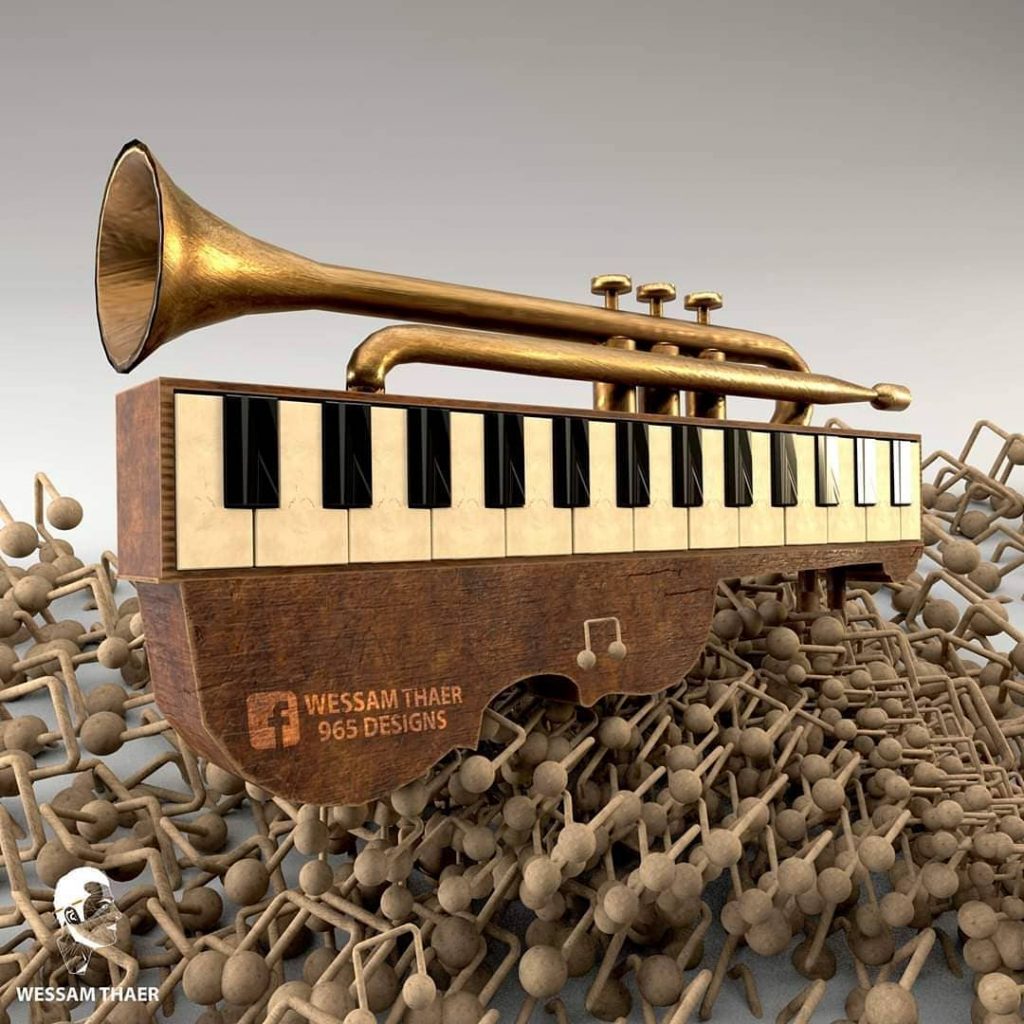 Music new 3D model design idea 3 musical instruments Merging three musical instruments