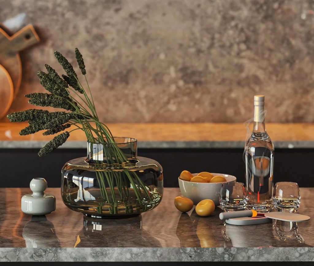 minimalistic kitchen interior design project. a small island is used in the kitchen,